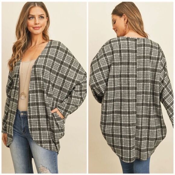 Riah Fashion Gray Open Plaid Cardigan with Pockets L - Picture 1 of 13